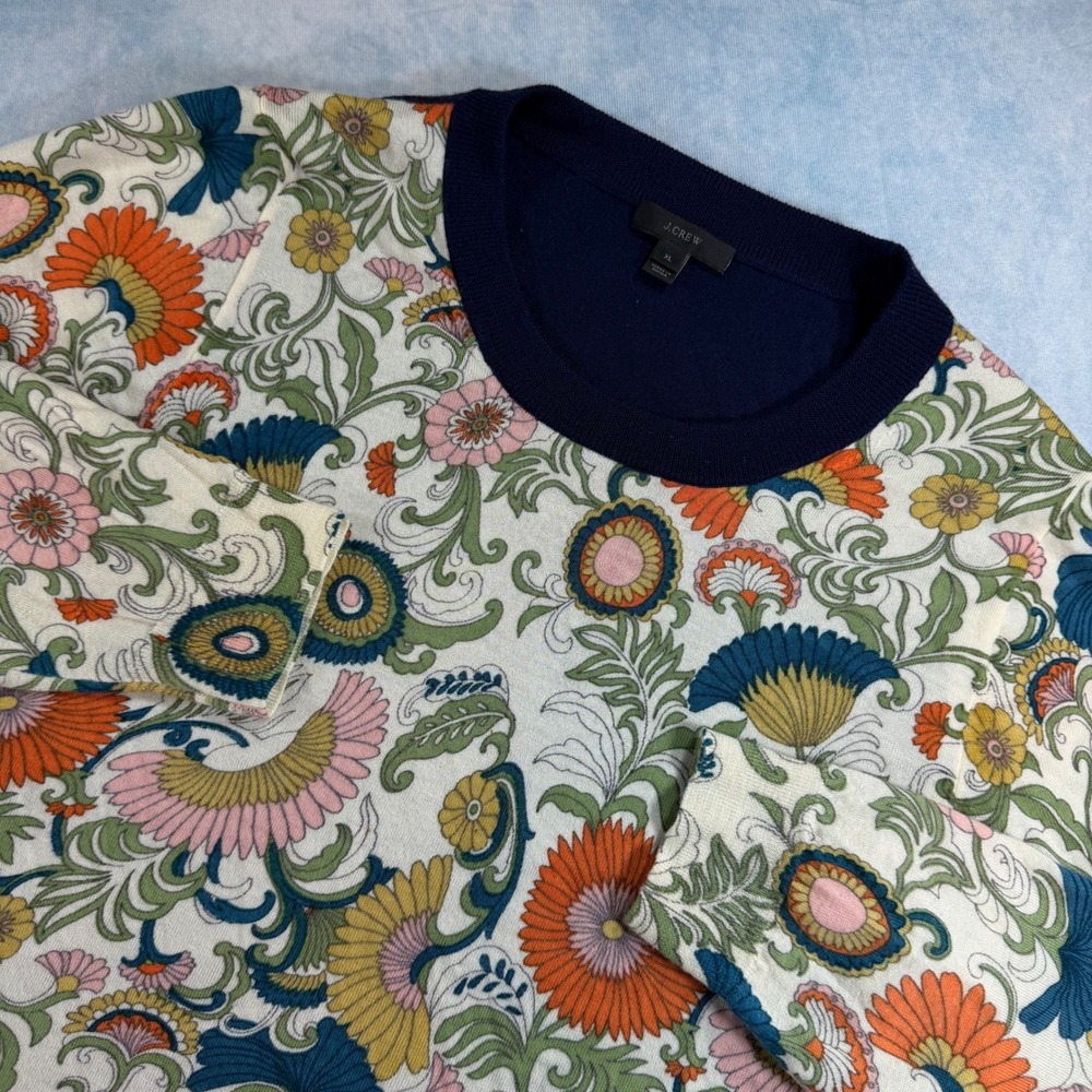 J.Crew Merino Wool Sweater Womens XL Navy Floral Paisley 100% Excellent Crewneck